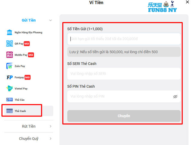 Using cash cards to add betting funds